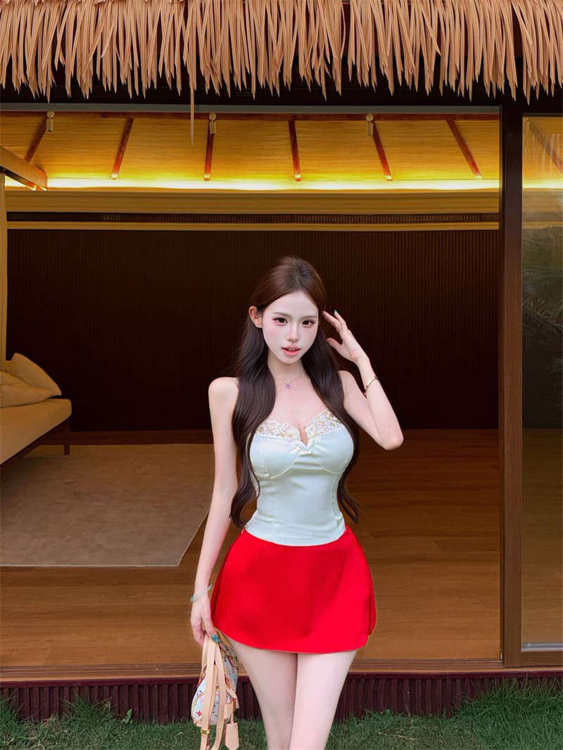 실사 고양이 부서 아름다움 레이스 구슬 빛 새틴 섹시함 캐미솔 봄 여름 허리 수축 맨위 이미지 3