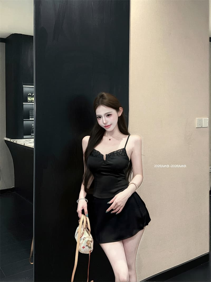 실사 고양이 부서 아름다움 레이스 구슬 빛 새틴 섹시함 캐미솔 봄 여름 허리 수축 맨위 상세 이미지 4
