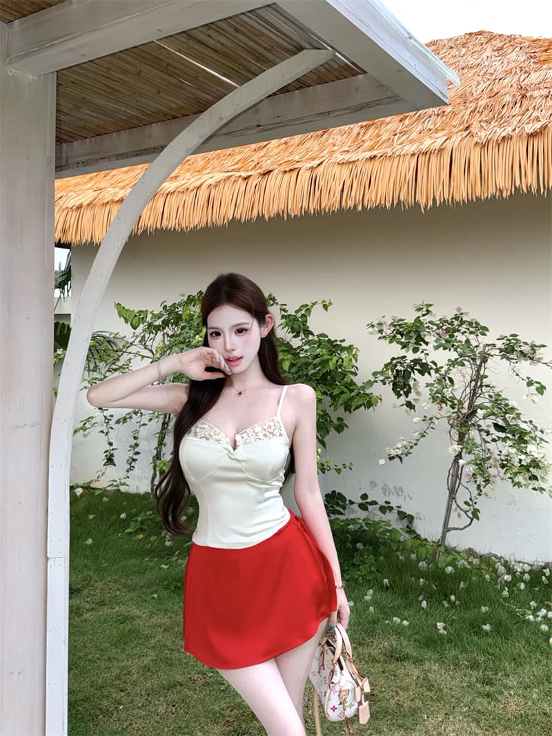 실사 고양이 부서 아름다움 레이스 구슬 빛 새틴 섹시함 캐미솔 봄 여름 허리 수축 맨위 상세 이미지 9