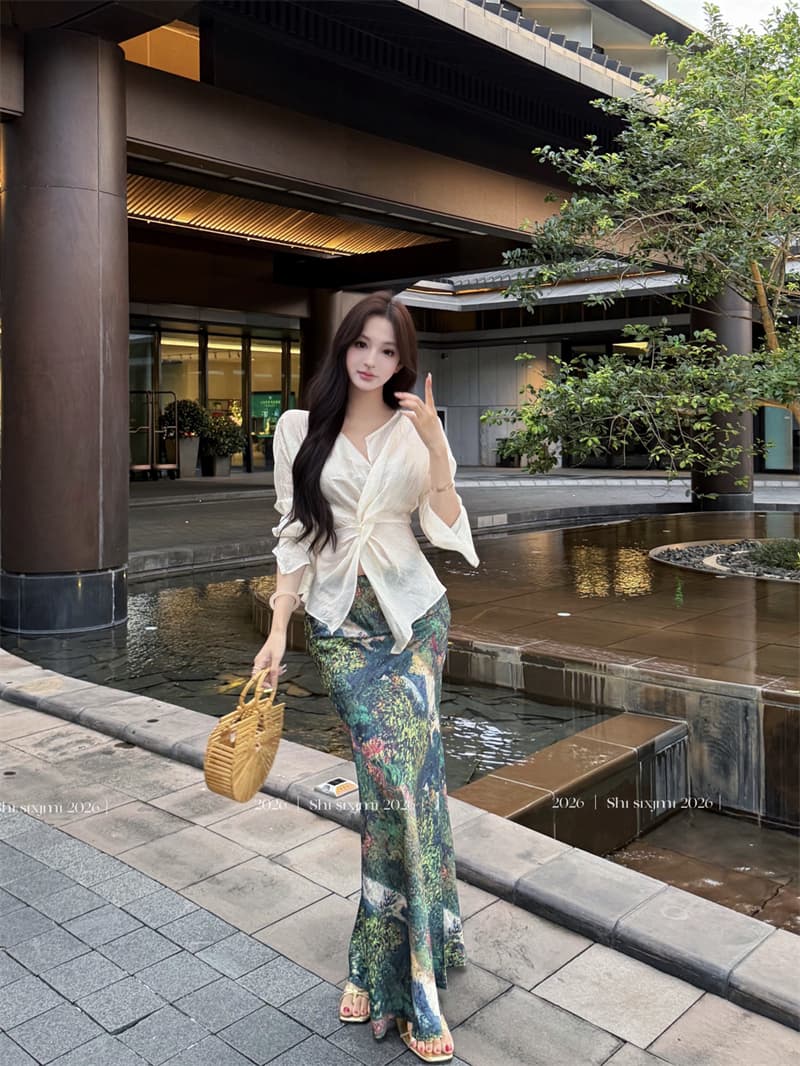 실사 십자가 비틀림 고급 질감 센스 아세트산 맨위 여성 유화 예술 프린트 반신 스커트 롱 스커트 세트 상세 이미지 2
