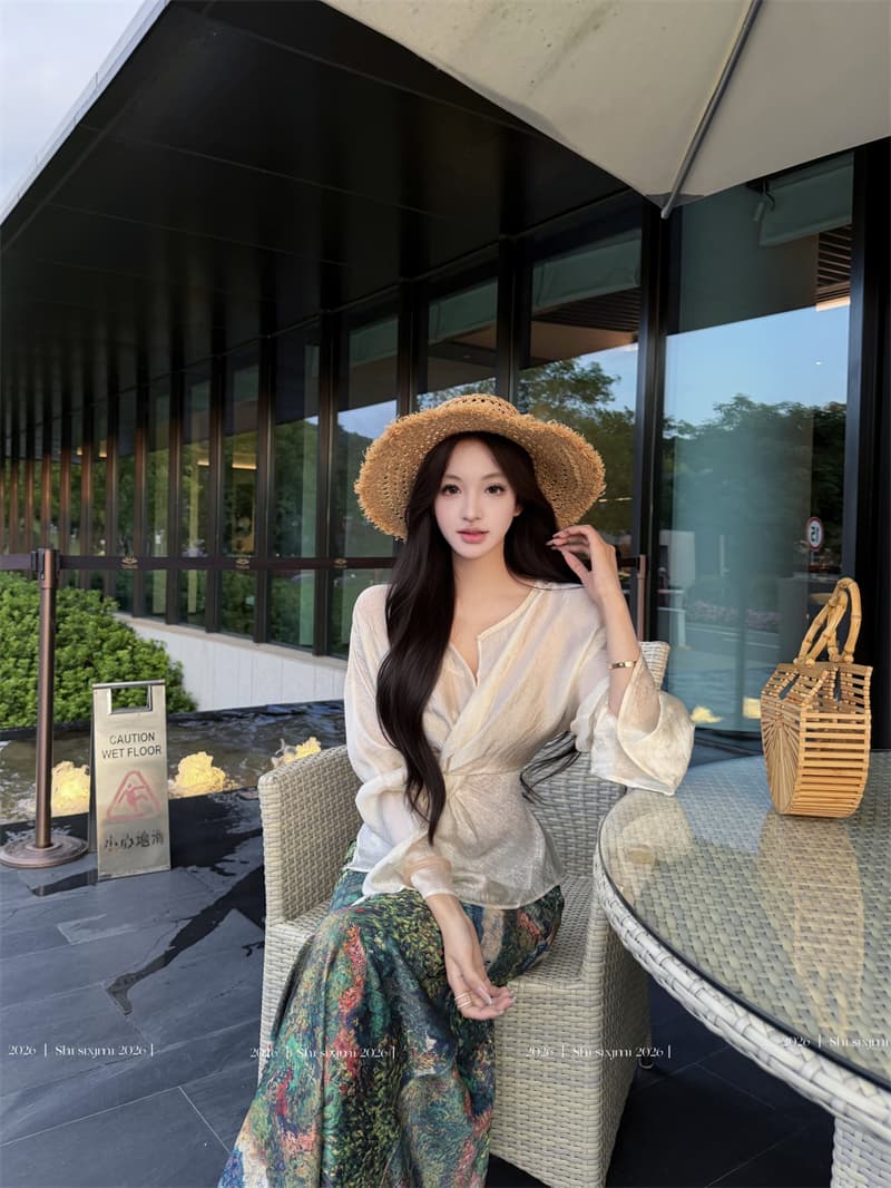 실사 십자가 비틀림 고급 질감 센스 아세트산 맨위 여성 유화 예술 프린트 반신 스커트 롱 스커트 세트 상세 이미지 8