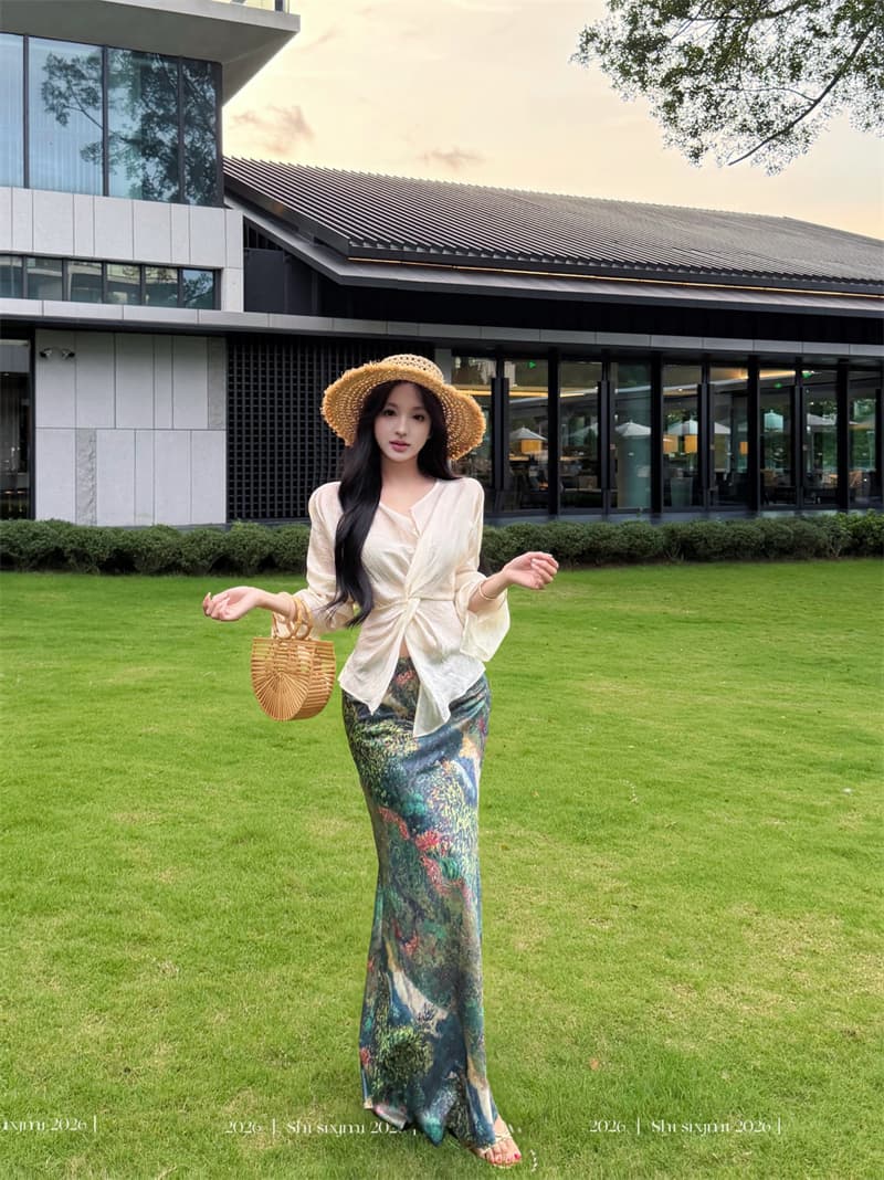 실사 십자가 비틀림 고급 질감 센스 아세트산 맨위 여성 유화 예술 프린트 반신 스커트 롱 스커트 세트 상세 이미지 9