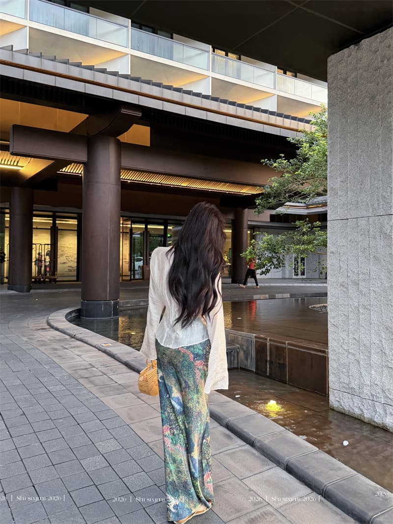 실사 십자가 비틀림 고급 질감 센스 아세트산 맨위 여성 유화 예술 프린트 반신 스커트 롱 스커트 세트 상세 이미지 14