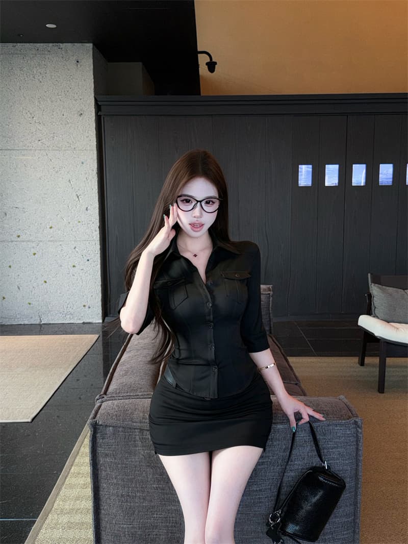 실사 핫걸 섹시함 몸매 가꾸기 정장 칼라 단추 셔츠 중간 소매 맨위 여성 타이트 스커트 반신 스커트 슬림해 보이는 세트 상세 이미지 4