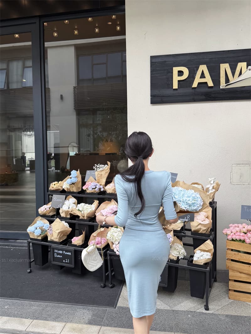 실사 프랑스식 순수한 욕망 세트 그룹 V넥 반팔 중간 스커트 롱 스커트 더블 버전 몸매 가꾸기 슬림해 보이는 세트 상세 이미지 12