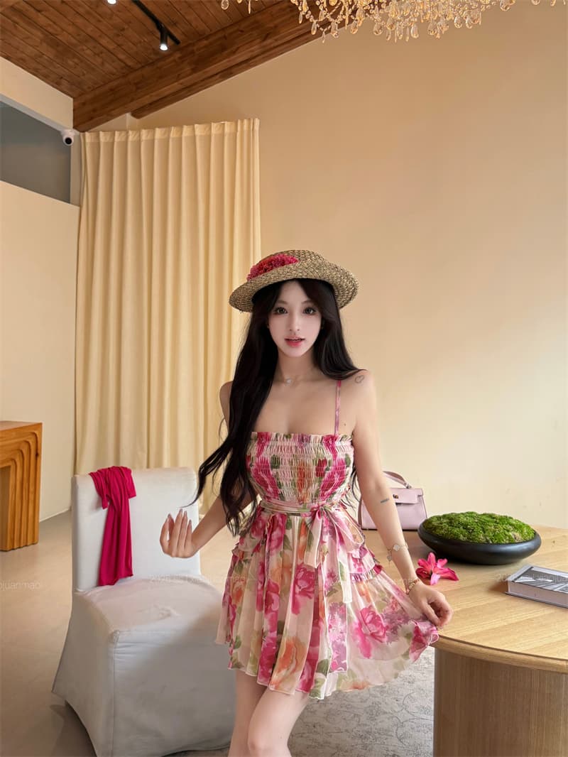 실사 프랑스식 꽃무늬 여성 드레스 새로운 허리 수축 순수한 욕망 한 마디 미니 스커트 튜브탑 치마 상세 이미지 4