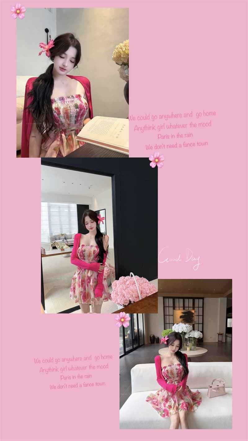 실사 프랑스식 꽃무늬 여성 드레스 새로운 허리 수축 순수한 욕망 한 마디 미니 스커트 튜브탑 치마 상세 이미지 1