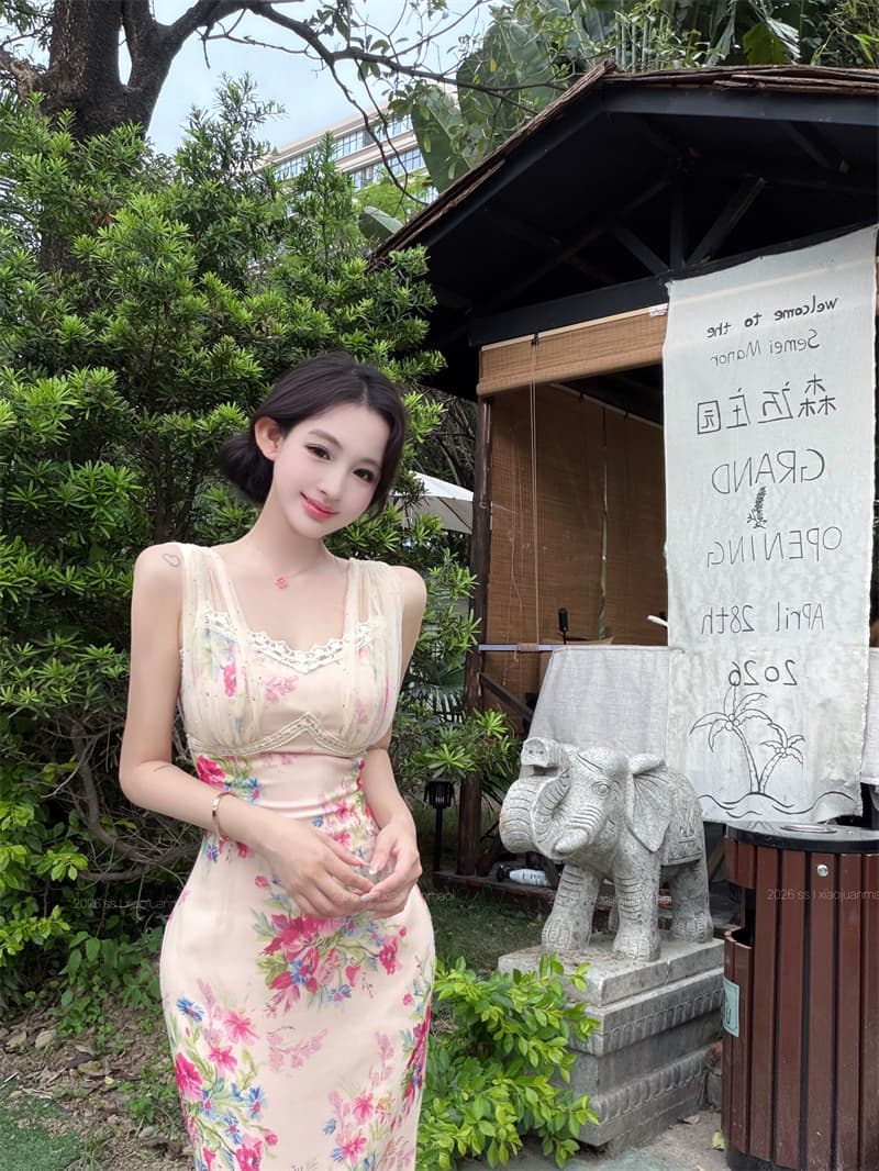 실사 티 향기로운 꽃 거울 프랑스식 프릴 꽃무늬 슬립 드레스 여름 해변가 휴가 타이트 스커트 상세 이미지 4