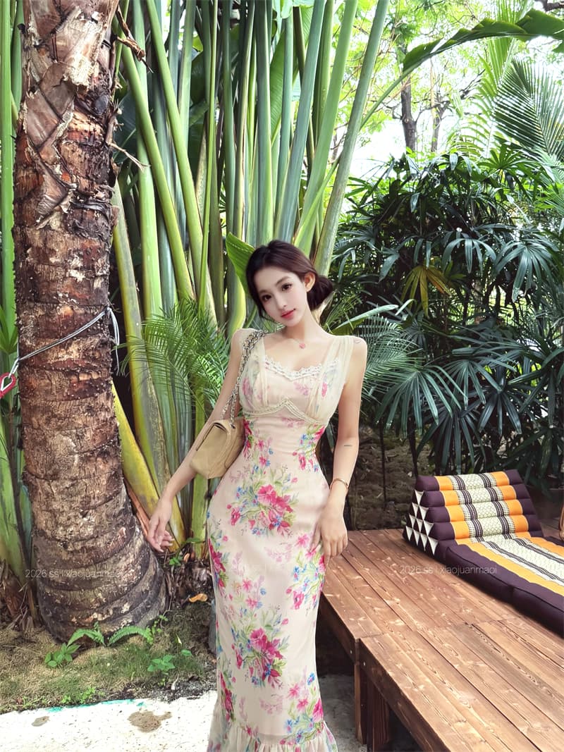 실사 티 향기로운 꽃 거울 프랑스식 프릴 꽃무늬 슬립 드레스 여름 해변가 휴가 타이트 스커트 상세 이미지 7