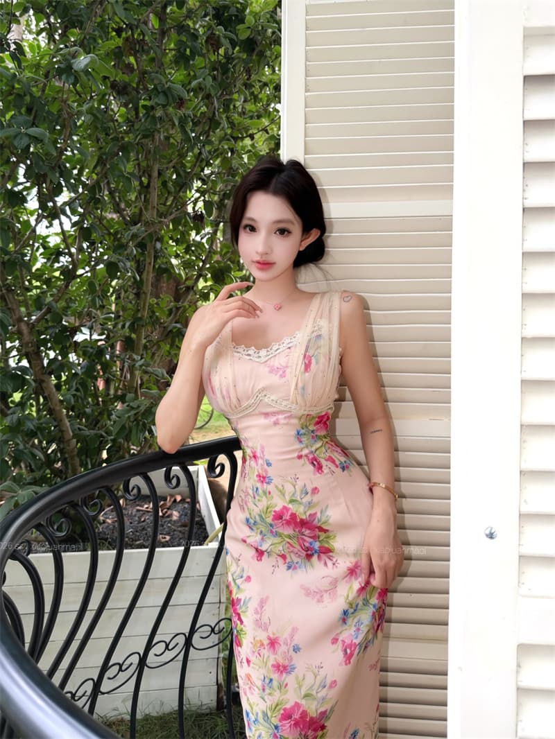 실사 티 향기로운 꽃 거울 프랑스식 프릴 꽃무늬 슬립 드레스 여름 해변가 휴가 타이트 스커트 상세 이미지 10