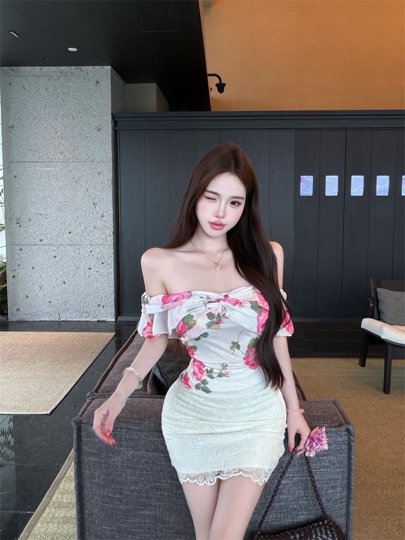 실사 홍당무 장미 오프숄더 프릴 꽃무늬 여름 새로운 슬림해 보이는 맨위 여성 상세 이미지 2