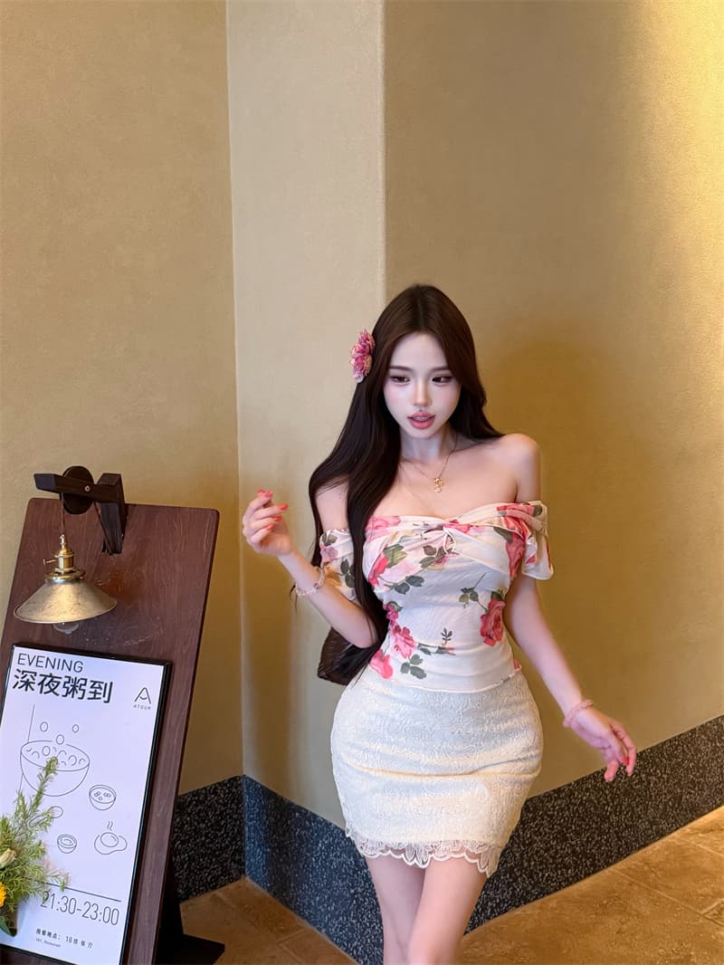 실사 홍당무 장미 오프숄더 프릴 꽃무늬 여름 새로운 슬림해 보이는 맨위 여성 상세 이미지 6