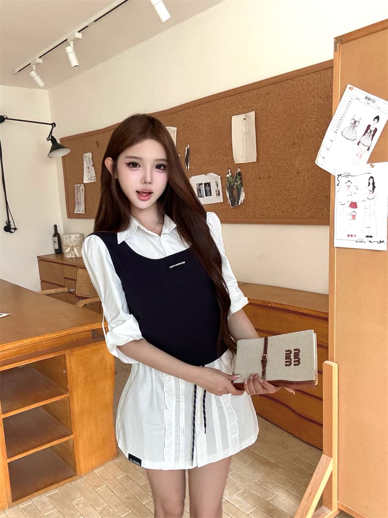 실사 여름 손 확인 학원 스타일 jk 유니폼 세트 여성 여름 페이크 레이어드 니트 티셔츠 반신 스커트 이미지 2