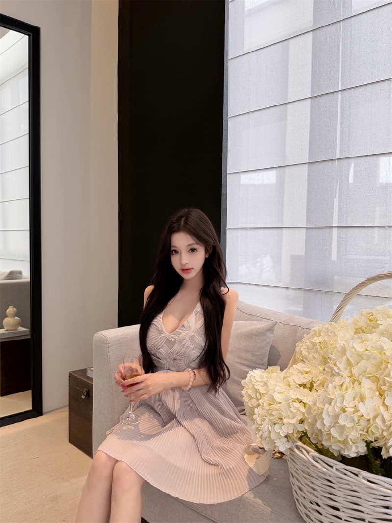 실사 보라색 나비 실 그림자 3 차원 디스크 자수 패치워크 플리츠 부드러운 바람 드레스 이미지 4