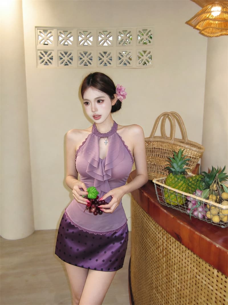 실사 조용한 라임 연기 봄 순수한 욕망 보라색 행침 목 슬립 여성 여름 디자인 센스 핫걸 민소매 맨위 상세 이미지 1