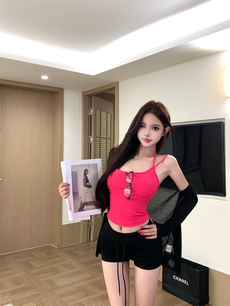 실사 부드럽다 얇고 가벼운 자외선 차단 V넥 오픈 가디건 행침 목 캐미솔 타이트 스커트 반바지 세트 이미지 2