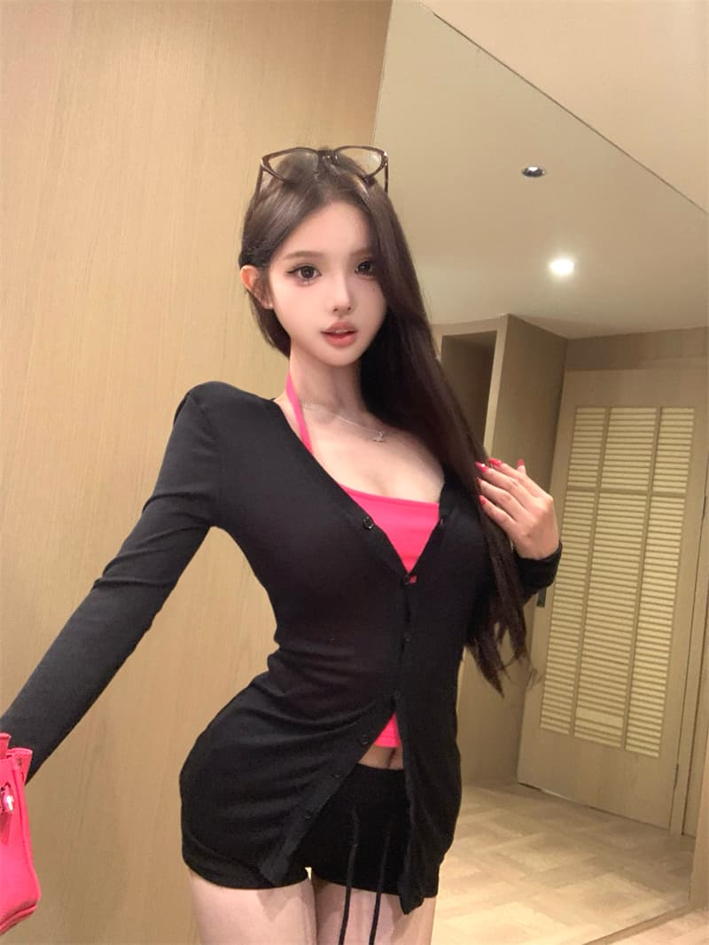 실사 부드럽다 얇고 가벼운 자외선 차단 V넥 오픈 가디건 행침 목 캐미솔 타이트 스커트 반바지 세트 상세 이미지 5