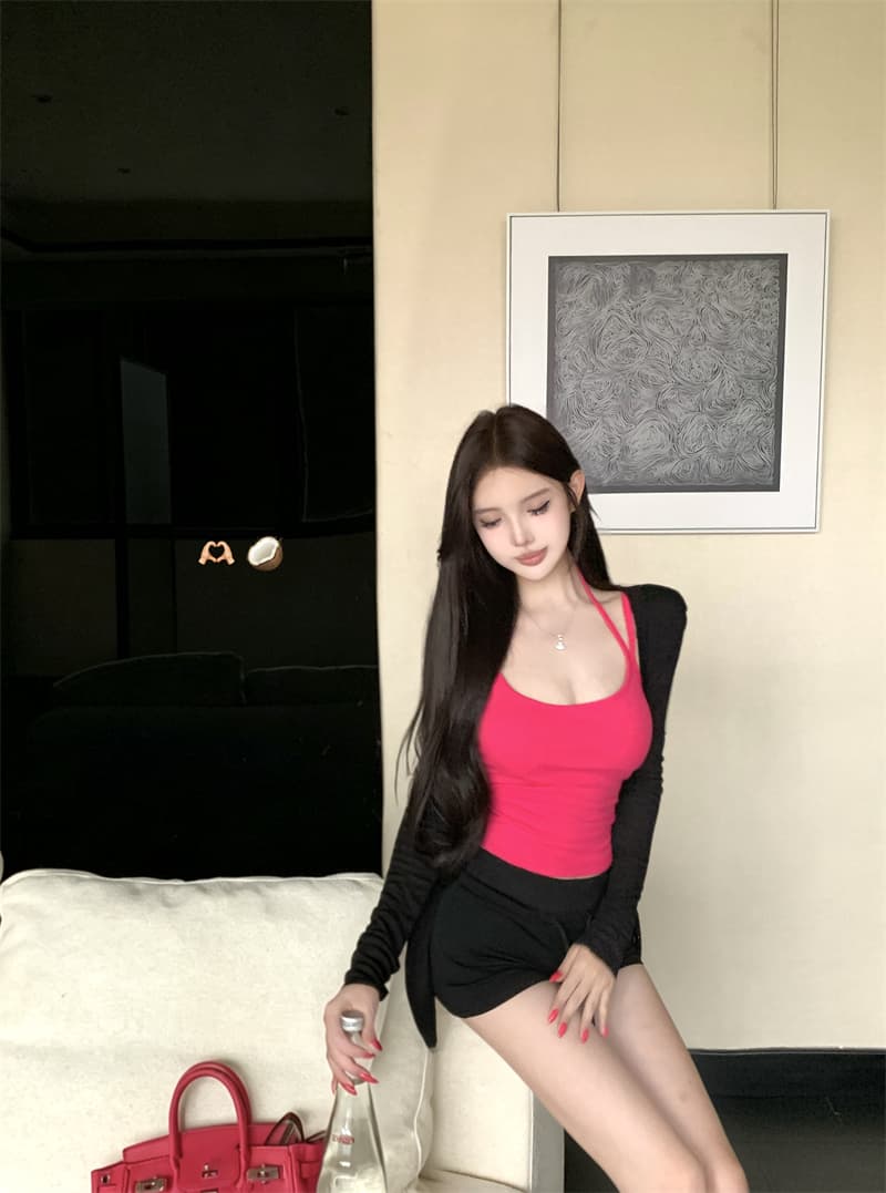 실사 부드럽다 얇고 가벼운 자외선 차단 V넥 오픈 가디건 행침 목 캐미솔 타이트 스커트 반바지 세트 상세 이미지 8