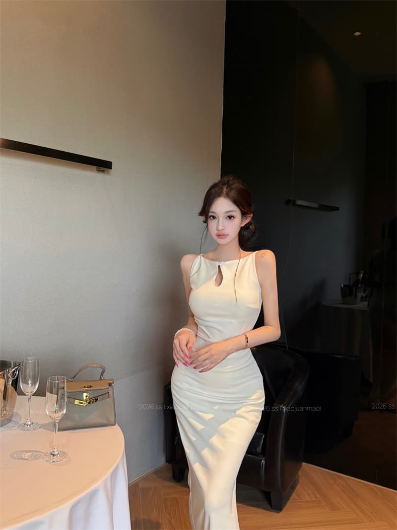 실사 화이트 연애 편지 새로운 허리 수축 타이트 스커트 디스플레이 몸 프랑스식 명문 여성 민소매 드레스 상세 이미지 4