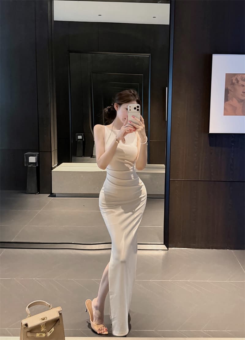 실사 화이트 연애 편지 새로운 허리 수축 타이트 스커트 디스플레이 몸 프랑스식 명문 여성 민소매 드레스 상세 이미지 13