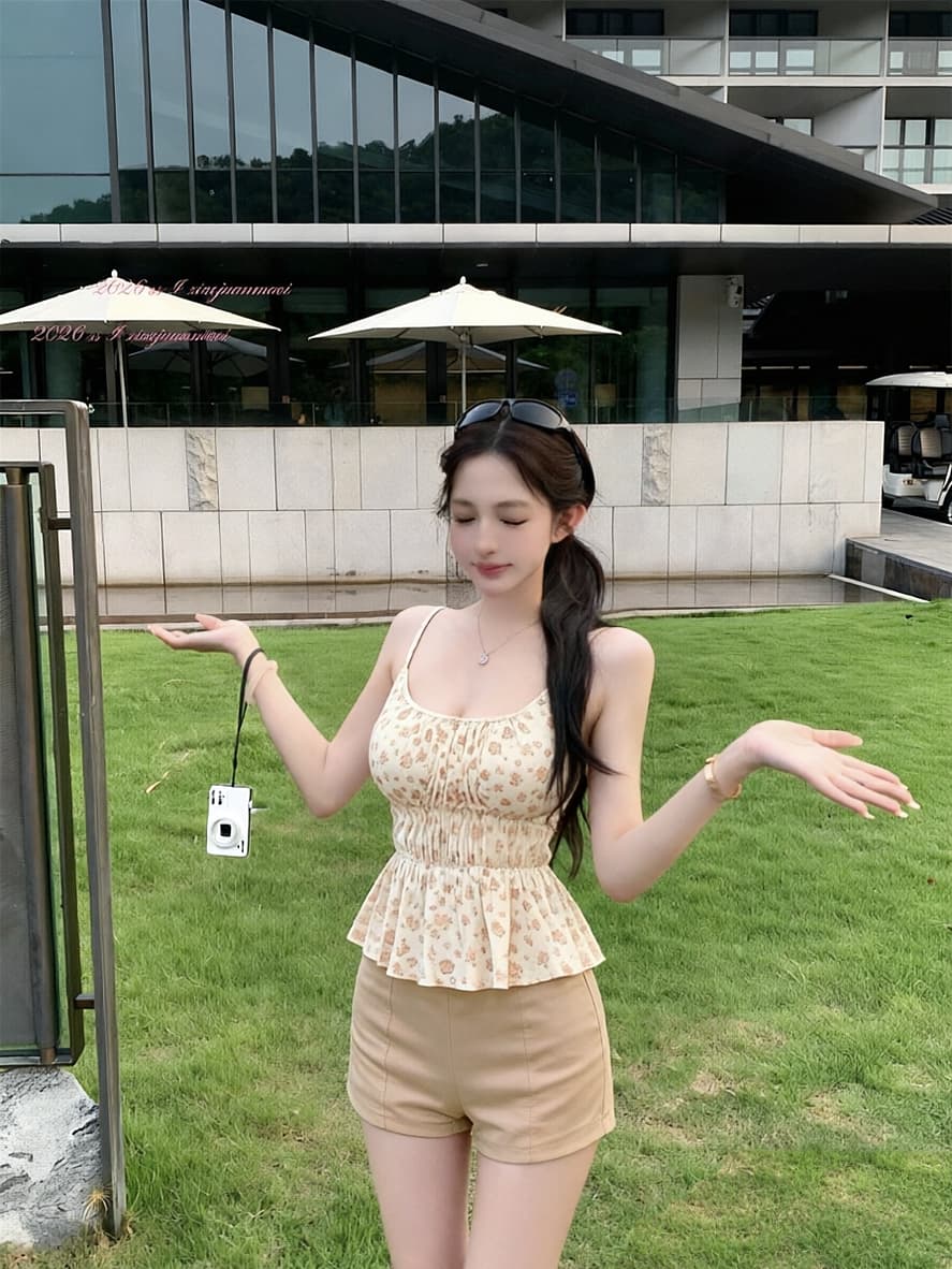 실사 귤 우우 우우 여름 두꺼움 가슴 패드 꽃무늬 슬립 자외선 차단 오픈 가디건 하이웨이스트 반 스커트 3종 세트 이미지 2