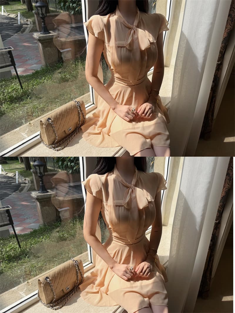 실사 매춘부 부드러운 바람 작은 날다 소매 나비 매듭 허리 수축 드레스 슬림해 보이는 품격 다용도 미니 스커트 상세 이미지 8