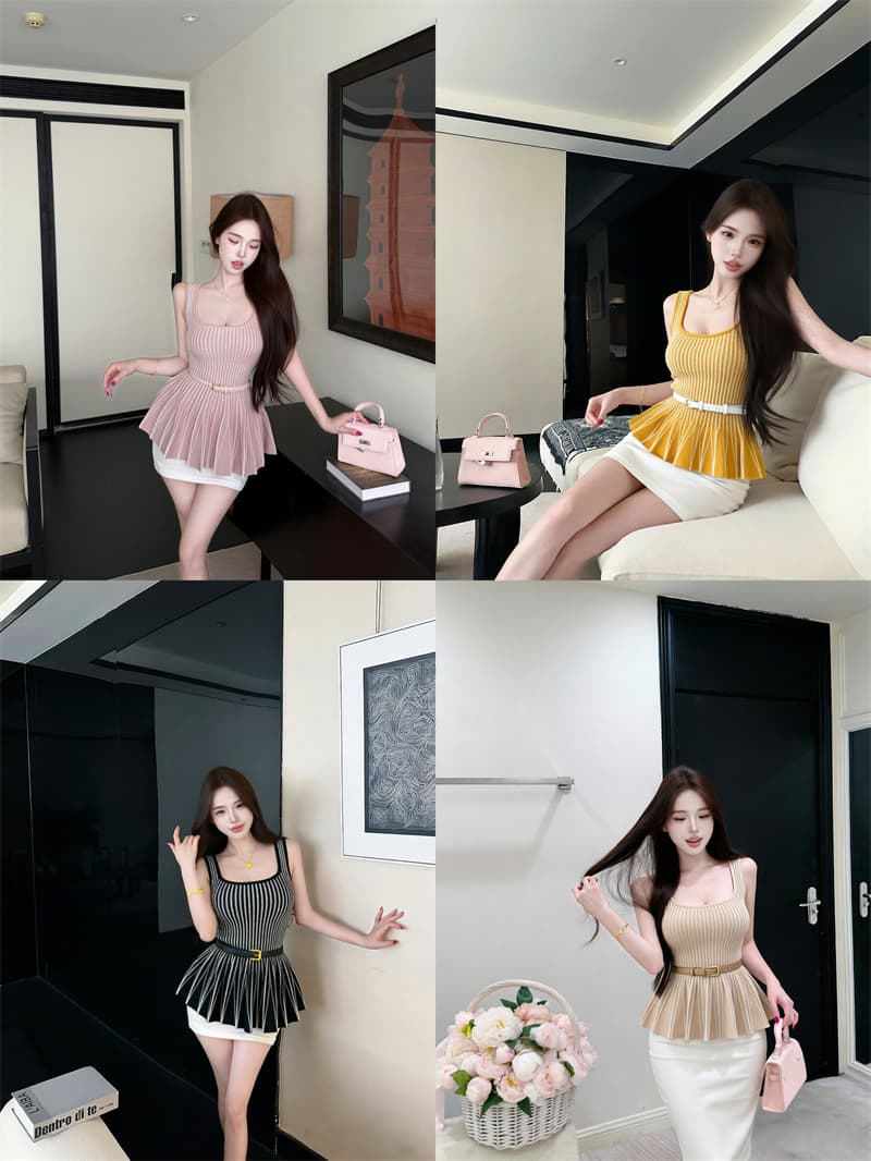 실사 허리 인감 미스 프랑스식 품격 허리 수축 스트라이프 슬림해 보이는 민소매 니트 경기 벨트 슬립 상세 이미지 1