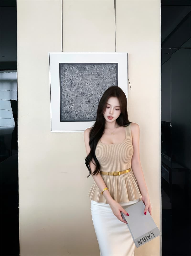 실사 허리 인감 미스 프랑스식 품격 허리 수축 스트라이프 슬림해 보이는 민소매 니트 경기 벨트 슬립 상세 이미지 8
