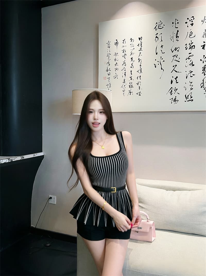실사 허리 인감 미스 프랑스식 품격 허리 수축 스트라이프 슬림해 보이는 민소매 니트 경기 벨트 슬립 상세 이미지 9
