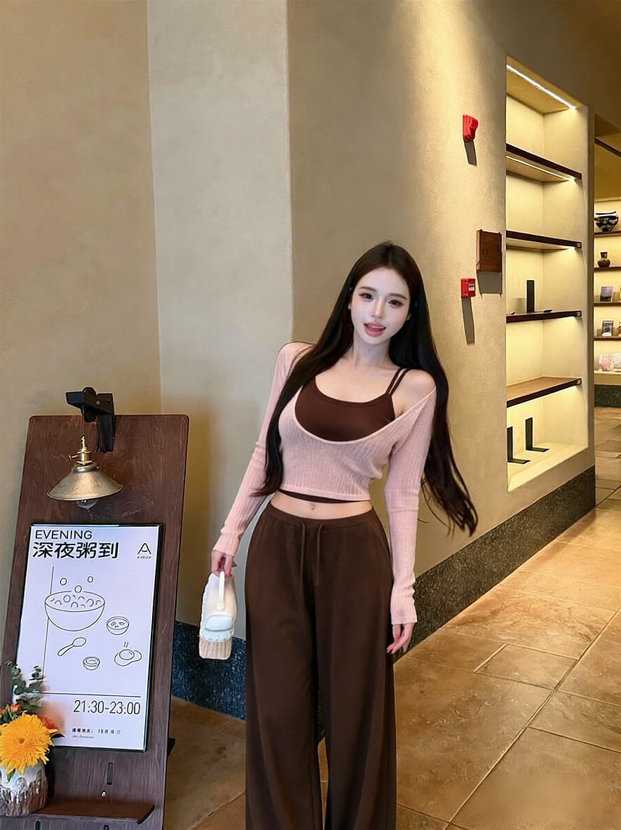 실사 느긋한 건강 숙련 된 브라운 니트 스트라이프 슬립 아마 블라우스 맨위 여성 캐주얼 바지 세트 이미지 4
