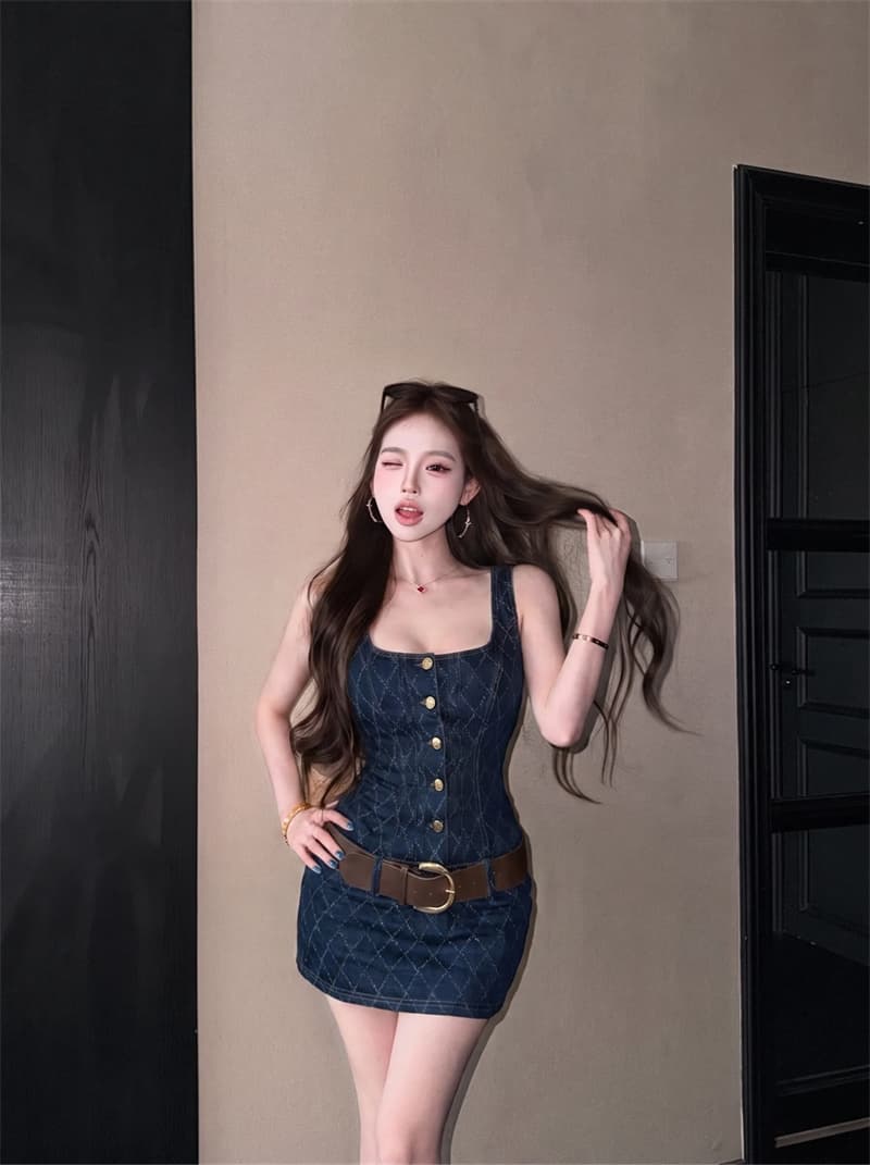 실사 데님 슬립 여성 드레스 2026 여름 새로운 핫걸 조끼 스커트 타이트 스커트 치마 이미지 3