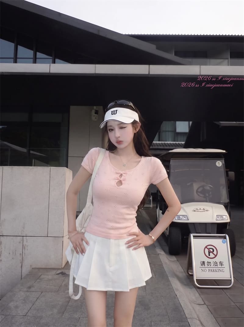 실사 빛 연 여름 라운드 넥 나비 매듭 홀로우 아웃 자카드 니트 반팔 티셔츠 여성 여름 슬림해 보이는 맨위 이미지 2