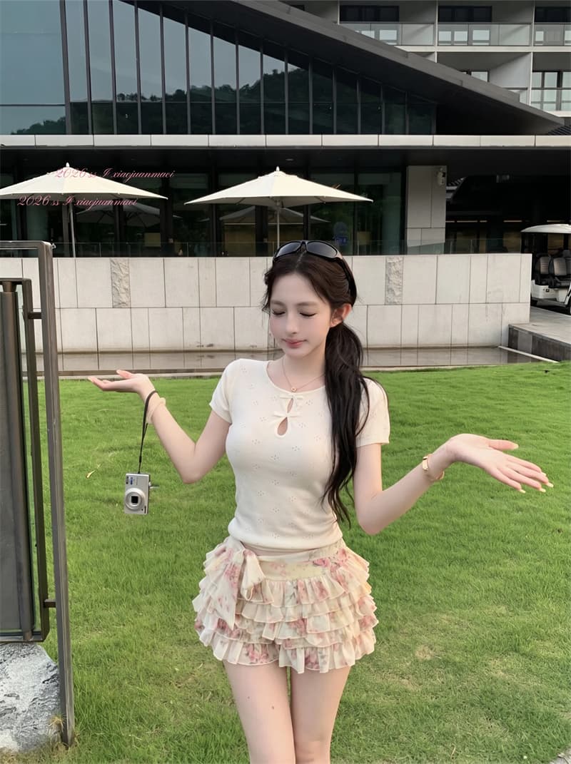 실사 빛 연 여름 라운드 넥 나비 매듭 홀로우 아웃 자카드 니트 반팔 티셔츠 여성 여름 슬림해 보이는 맨위 상세 이미지 1
