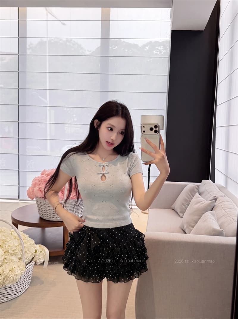 실사 빛 연 여름 라운드 넥 나비 매듭 홀로우 아웃 자카드 니트 반팔 티셔츠 여성 여름 슬림해 보이는 맨위 상세 이미지 4