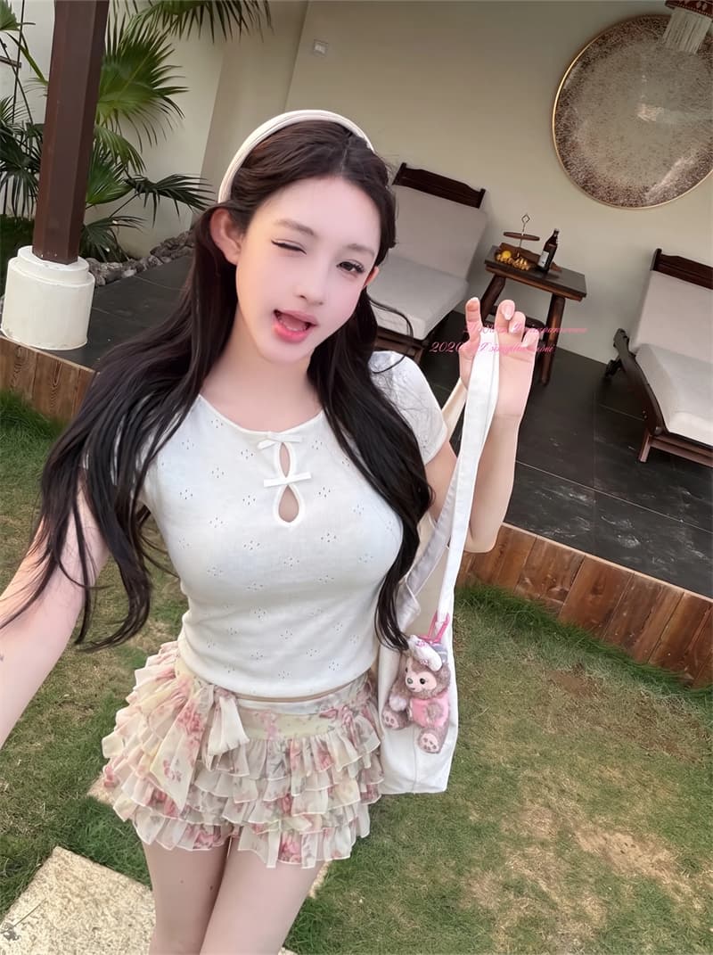 실사 빛 연 여름 라운드 넥 나비 매듭 홀로우 아웃 자카드 니트 반팔 티셔츠 여성 여름 슬림해 보이는 맨위 상세 이미지 6