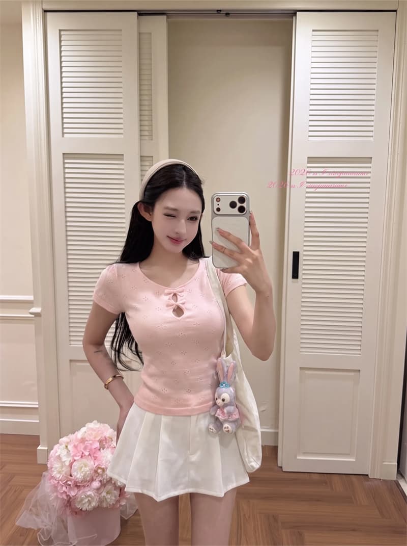 실사 빛 연 여름 라운드 넥 나비 매듭 홀로우 아웃 자카드 니트 반팔 티셔츠 여성 여름 슬림해 보이는 맨위 상세 이미지 10