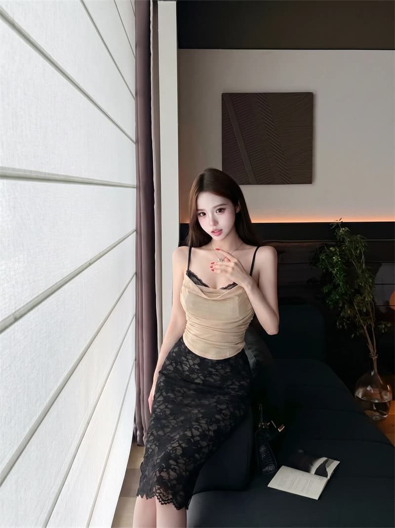실사 흔들다 칼라 망사 레이스 슬립 여성 검정색 레이스 이중층 망사 반신 스커트 얇은 스타일 오픈 가디건 세트 이미지 3