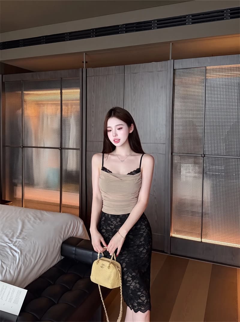 실사 흔들다 칼라 망사 레이스 슬립 여성 검정색 레이스 이중층 망사 반신 스커트 얇은 스타일 오픈 가디건 세트 상세 이미지 8