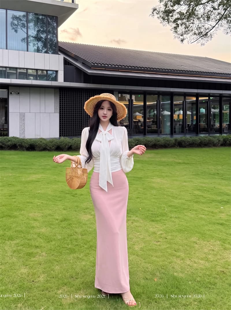 실사 우아함 시적 새로운 프랑스식 부드러운 바람 리본 칼라 셔츠 품격 롱 스커트 세트 상세 이미지 1