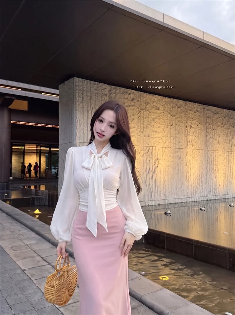 실사 우아함 시적 새로운 프랑스식 부드러운 바람 리본 칼라 셔츠 품격 롱 스커트 세트 상세 이미지 2