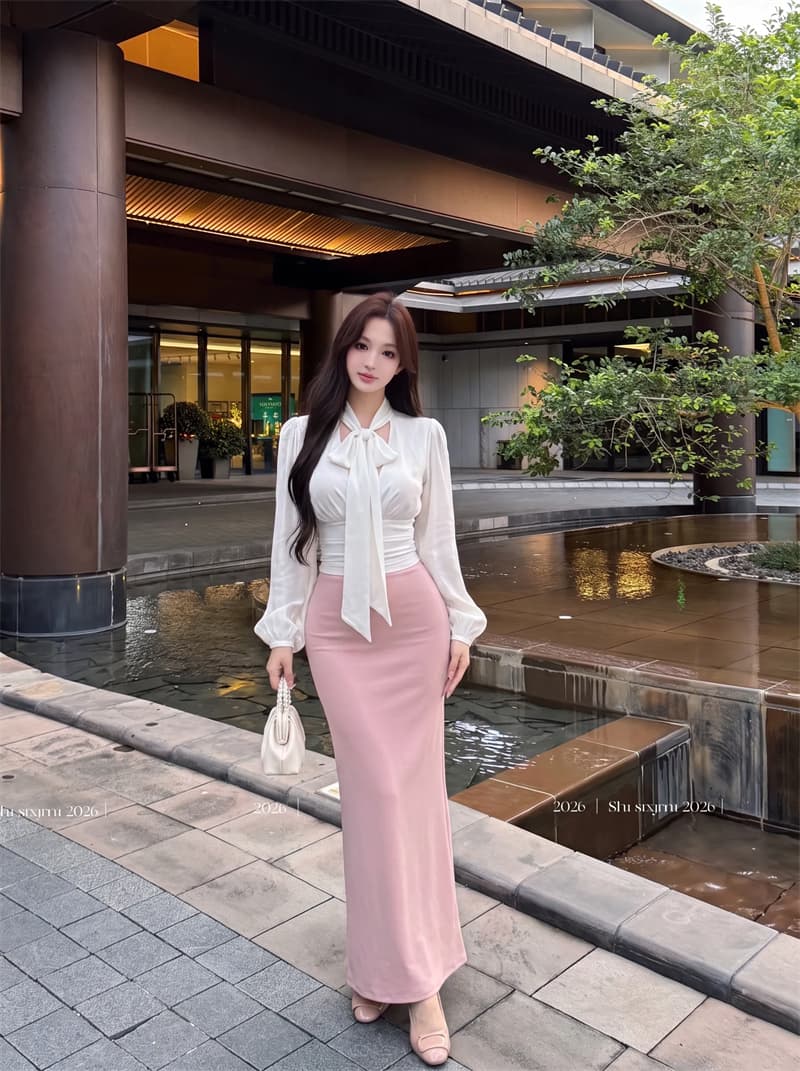 실사 우아함 시적 새로운 프랑스식 부드러운 바람 리본 칼라 셔츠 품격 롱 스커트 세트 상세 이미지 7