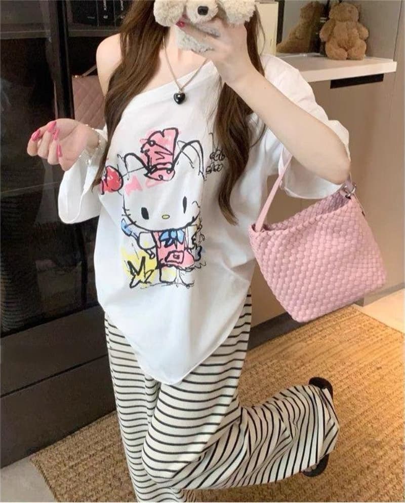 실사 귀여운 낙서 t 오프숄더 프린트 반소매 티셔츠 여성 루즈핏 한 부서 느긋한 느슨함 센스 비스듬한 어깨 의류 이미지 4