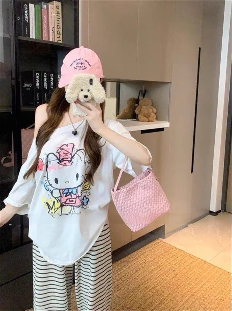 실사 귀여운 낙서 t 오프숄더 프린트 반소매 티셔츠 여성 루즈핏 한 부서 느긋한 느슨함 센스 비스듬한 어깨 의류 상세 이미지 2