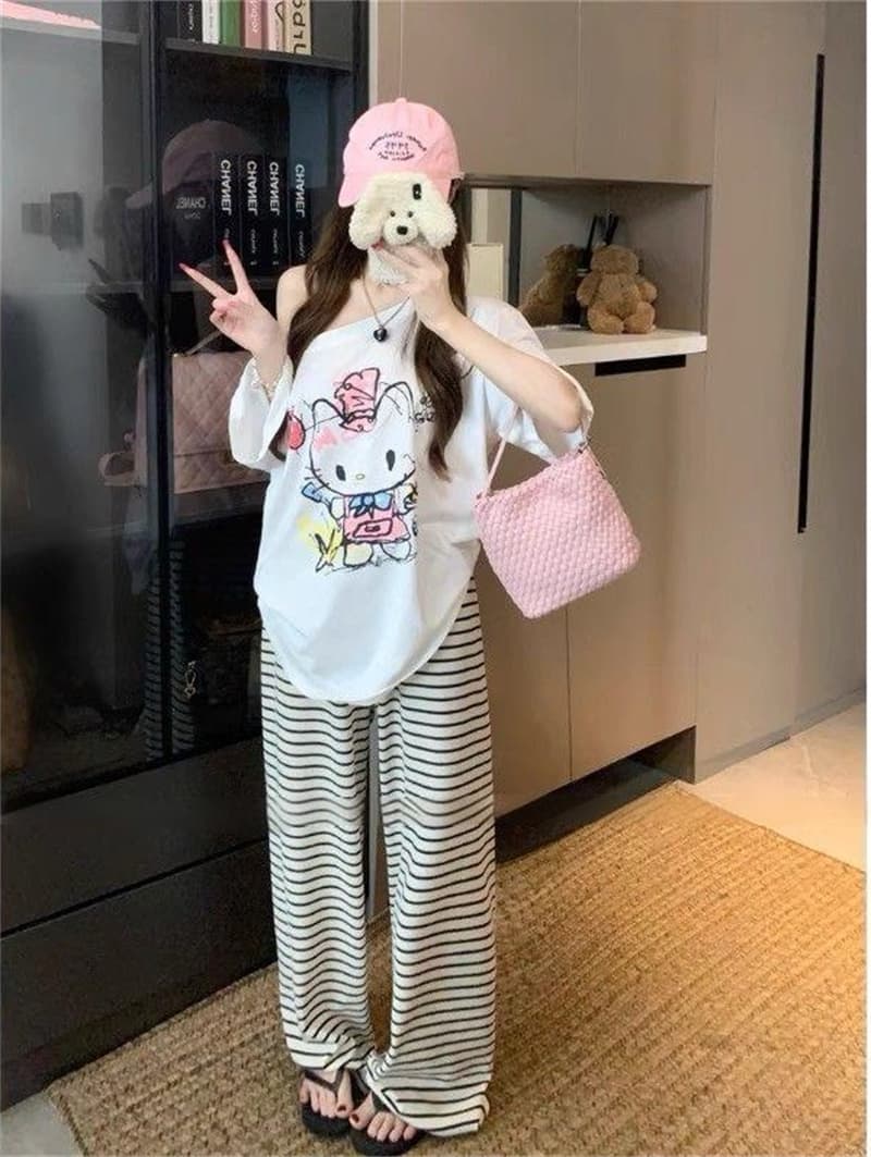 실사 귀여운 낙서 t 오프숄더 프린트 반소매 티셔츠 여성 루즈핏 한 부서 느긋한 느슨함 센스 비스듬한 어깨 의류 상세 이미지 3