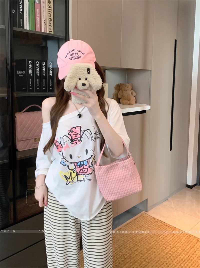 실사 귀여운 낙서 t 오프숄더 프린트 반소매 티셔츠 여성 루즈핏 한 부서 느긋한 느슨함 센스 비스듬한 어깨 의류 상세 이미지 5