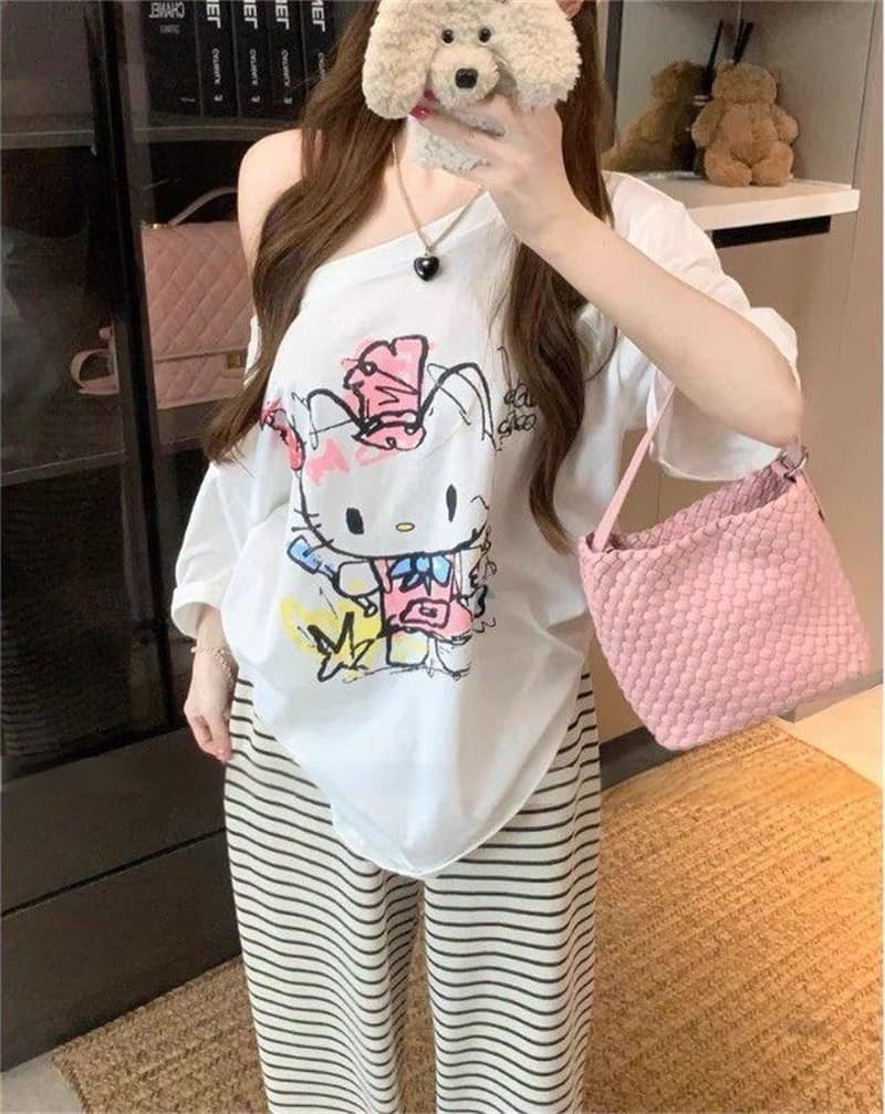 실사 귀여운 낙서 t 오프숄더 프린트 반소매 티셔츠 여성 루즈핏 한 부서 느긋한 느슨함 센스 비스듬한 어깨 의류 상세 이미지 7