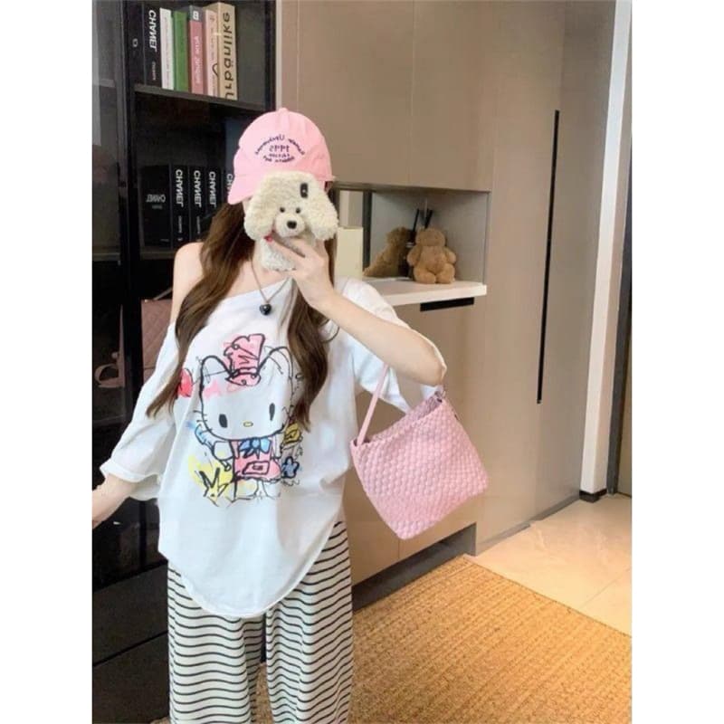 실사 귀여운 낙서 t 오프숄더 프린트 반소매 티셔츠 여성 루즈핏 한 부서 느긋한 느슨함 센스 비스듬한 어깨 의류 이미지 5