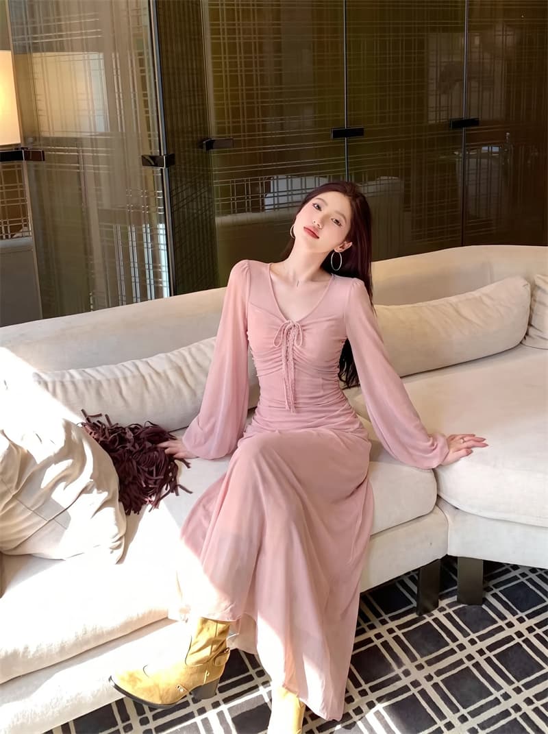 실사 복숭아 비밀 상황 긴팔 여성 드레스 이른 가을 프랑스식 순수한 욕망 몸매 가꾸기 허리 수축 품격 롱 스커트 이미지 2