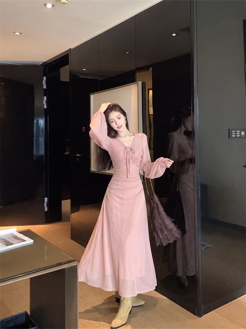 실사 복숭아 비밀 상황 긴팔 여성 드레스 이른 가을 프랑스식 순수한 욕망 몸매 가꾸기 허리 수축 품격 롱 스커트 이미지 4