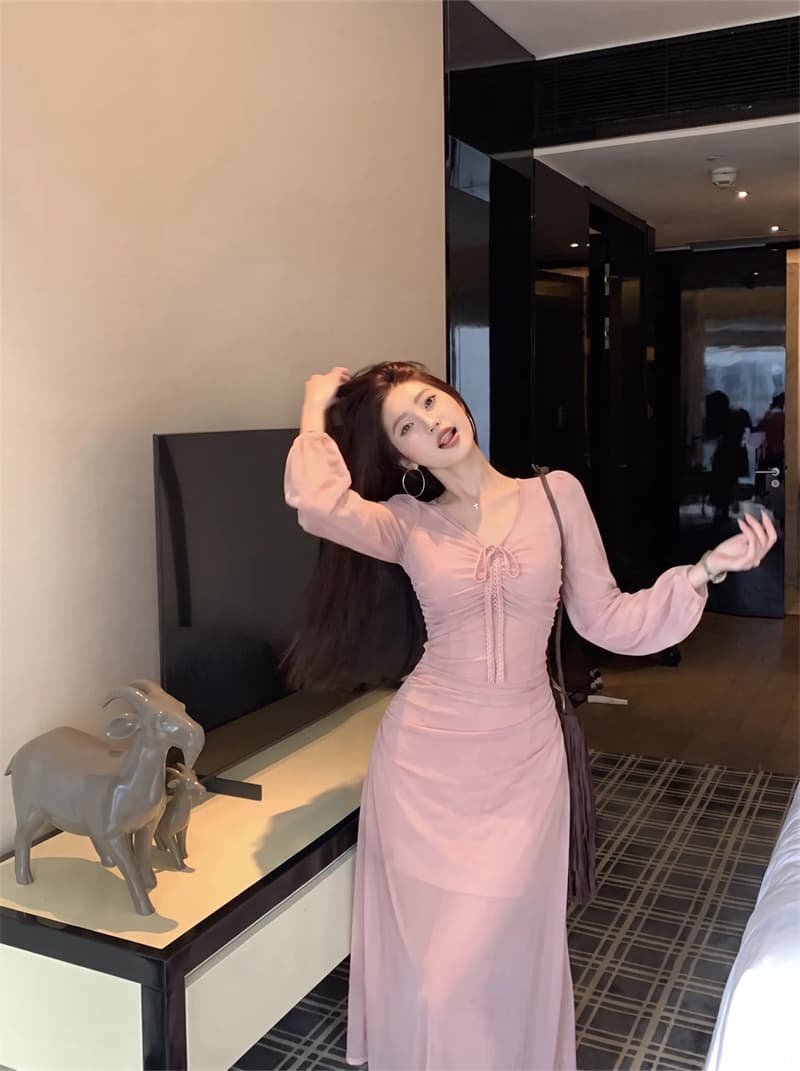 실사 복숭아 비밀 상황 긴팔 여성 드레스 이른 가을 프랑스식 순수한 욕망 몸매 가꾸기 허리 수축 품격 롱 스커트 이미지 3
